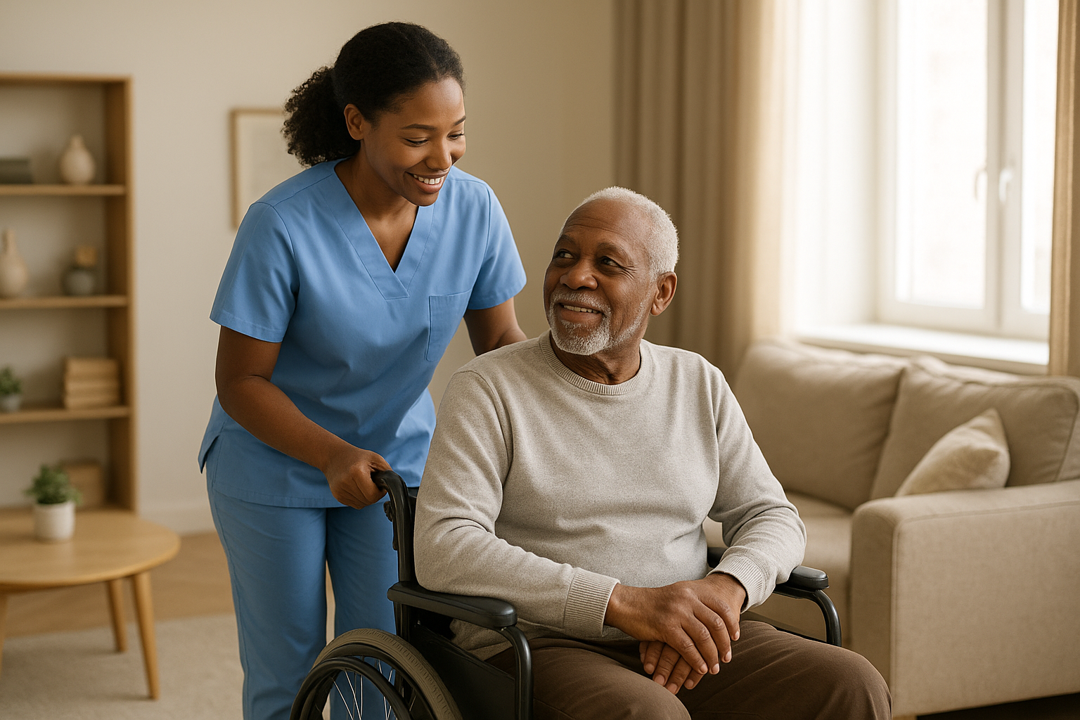 Nurse pushing client in wheelchair